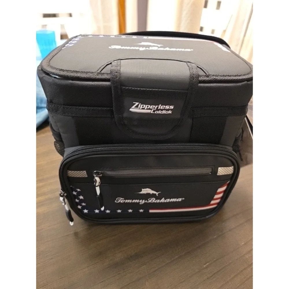 Tommy Bahama Zipperless Coldlok 9 Can Lunch Box Cooler American Flag Black NWT